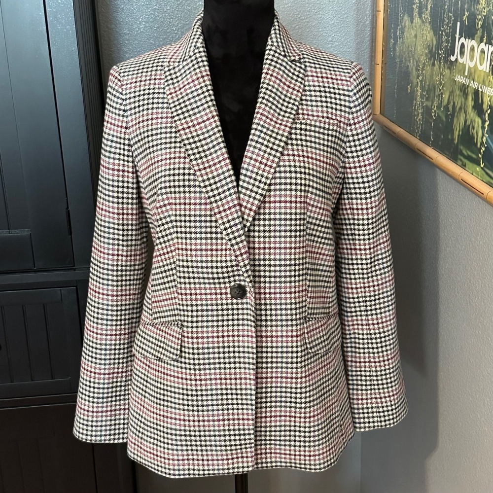 Talbots Blazer Women's 6P Ivory Black Burgundy Houndstooth Plaid Preppy Office